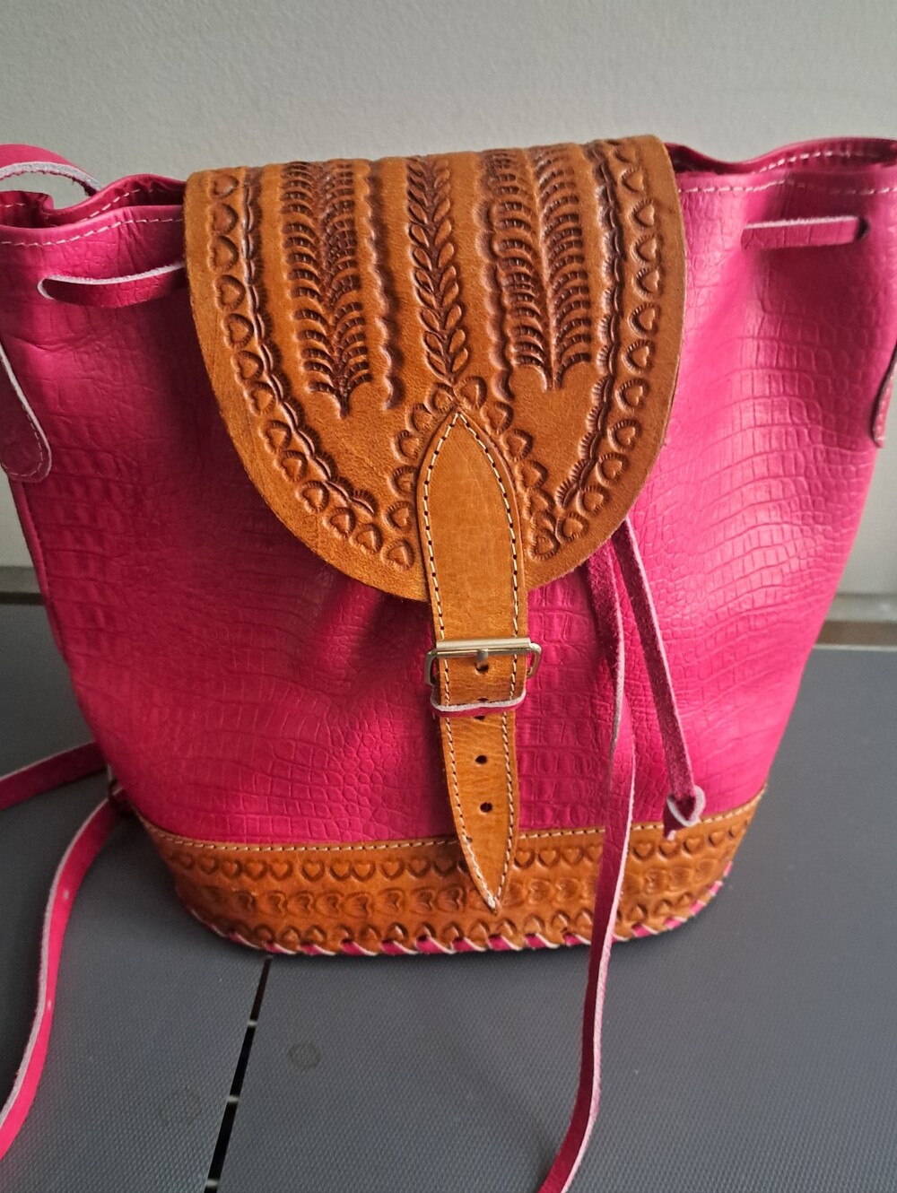 Women's Pink Bucket Backpack with Tan Embossed Leather Flap